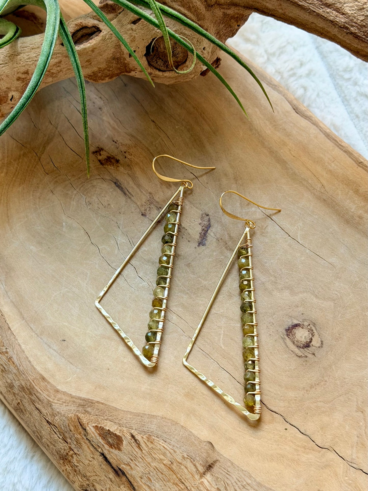 Green Garnet + Gold Large Triangle Earrings