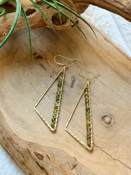 Green Garnet + Gold Large Triangle Earrings