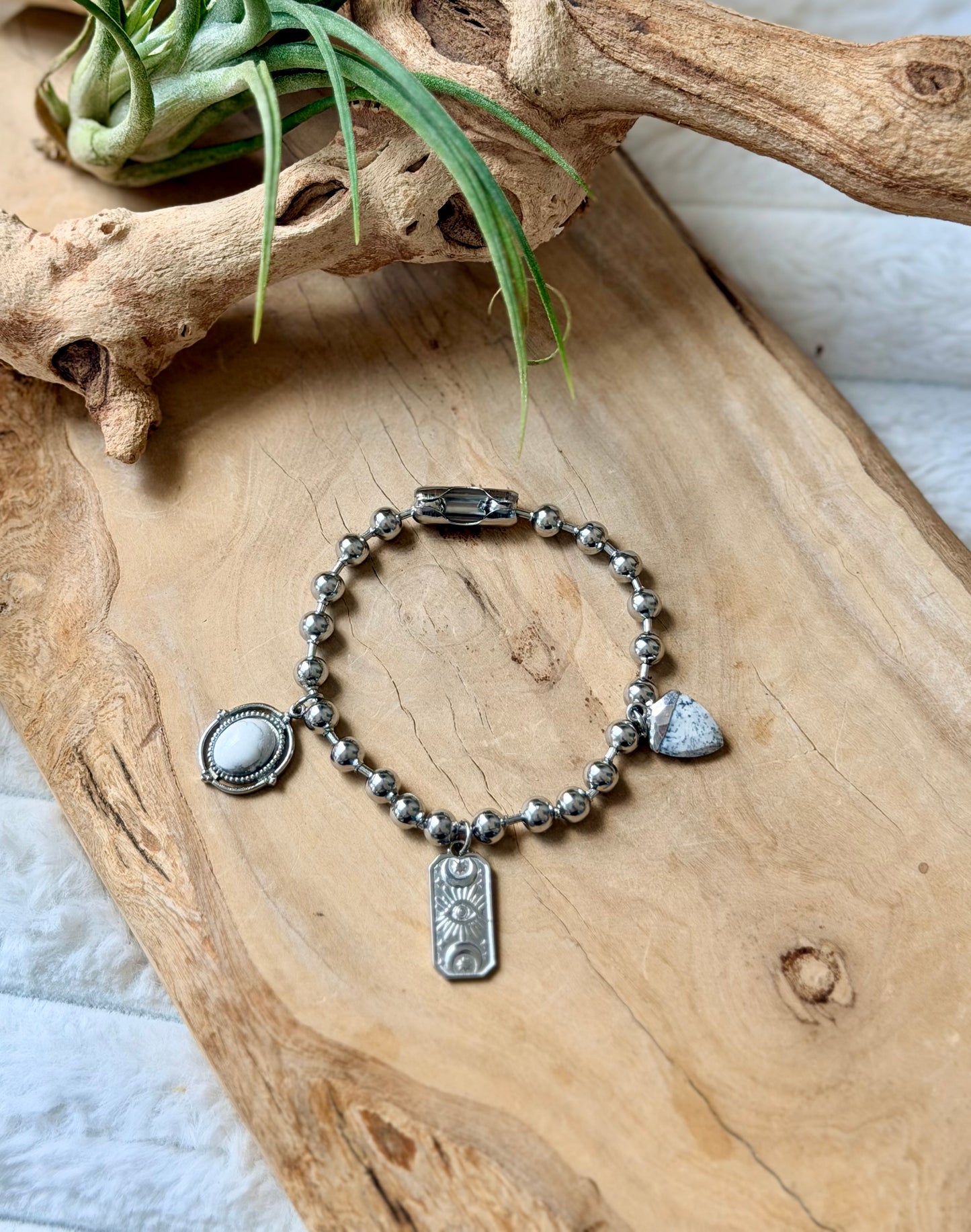 Dendrite Opal + Howlite Stainless Ball Chain Charm Bracelet