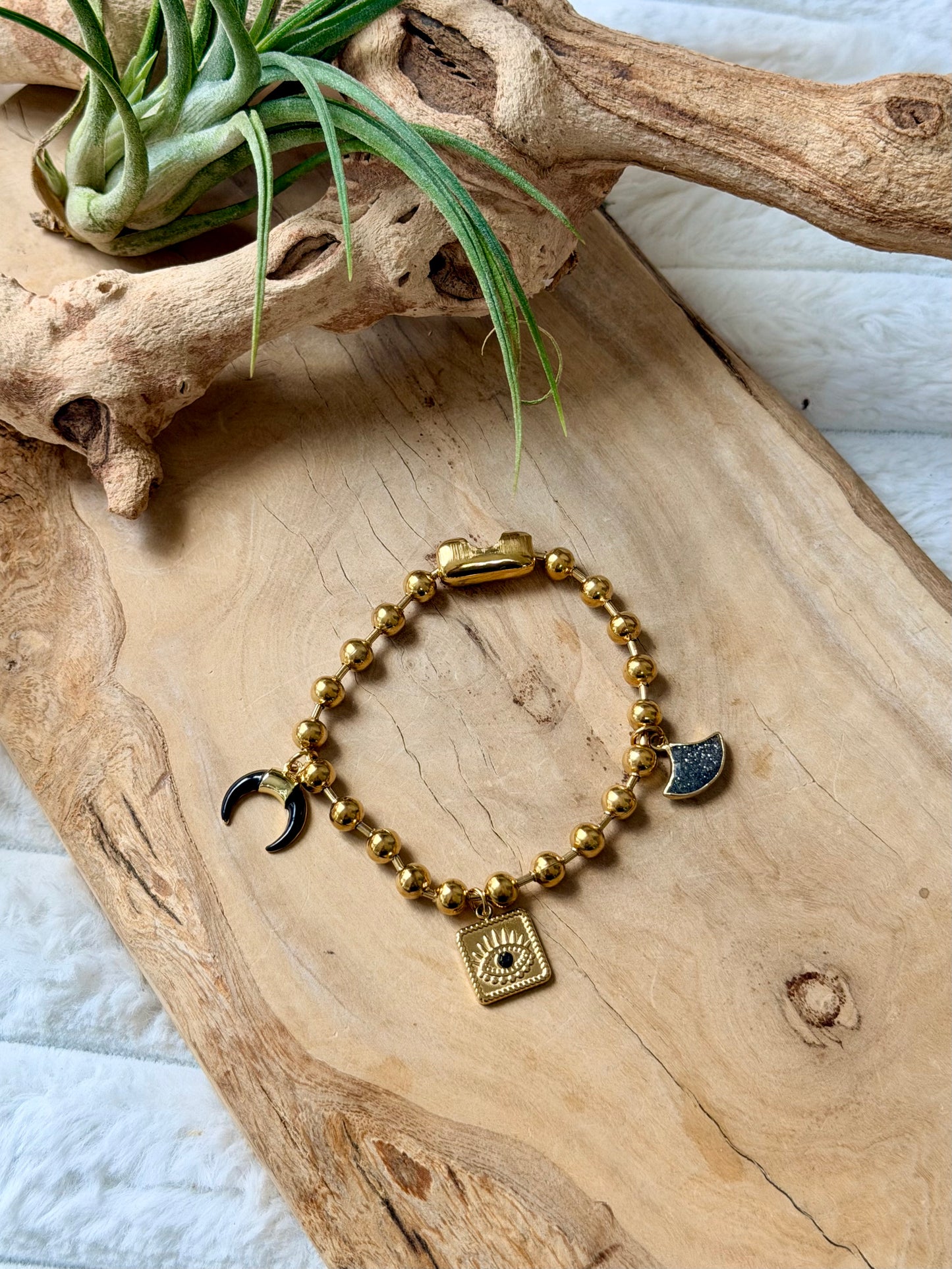 Black Sunstone + Gold Stainless Ball Chain Charm Bracelet