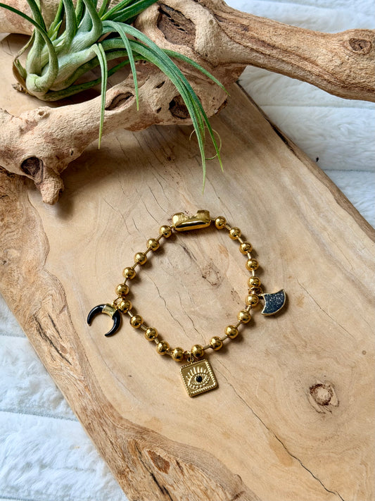 Black Sunstone + Gold Stainless Ball Chain Charm Bracelet