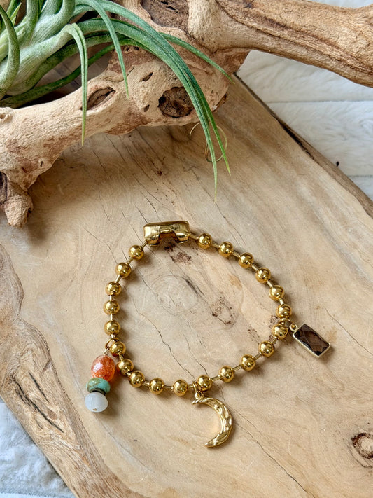 Mixed Gemstones + Gold Stainless Ball Chain Charm Bracelet
