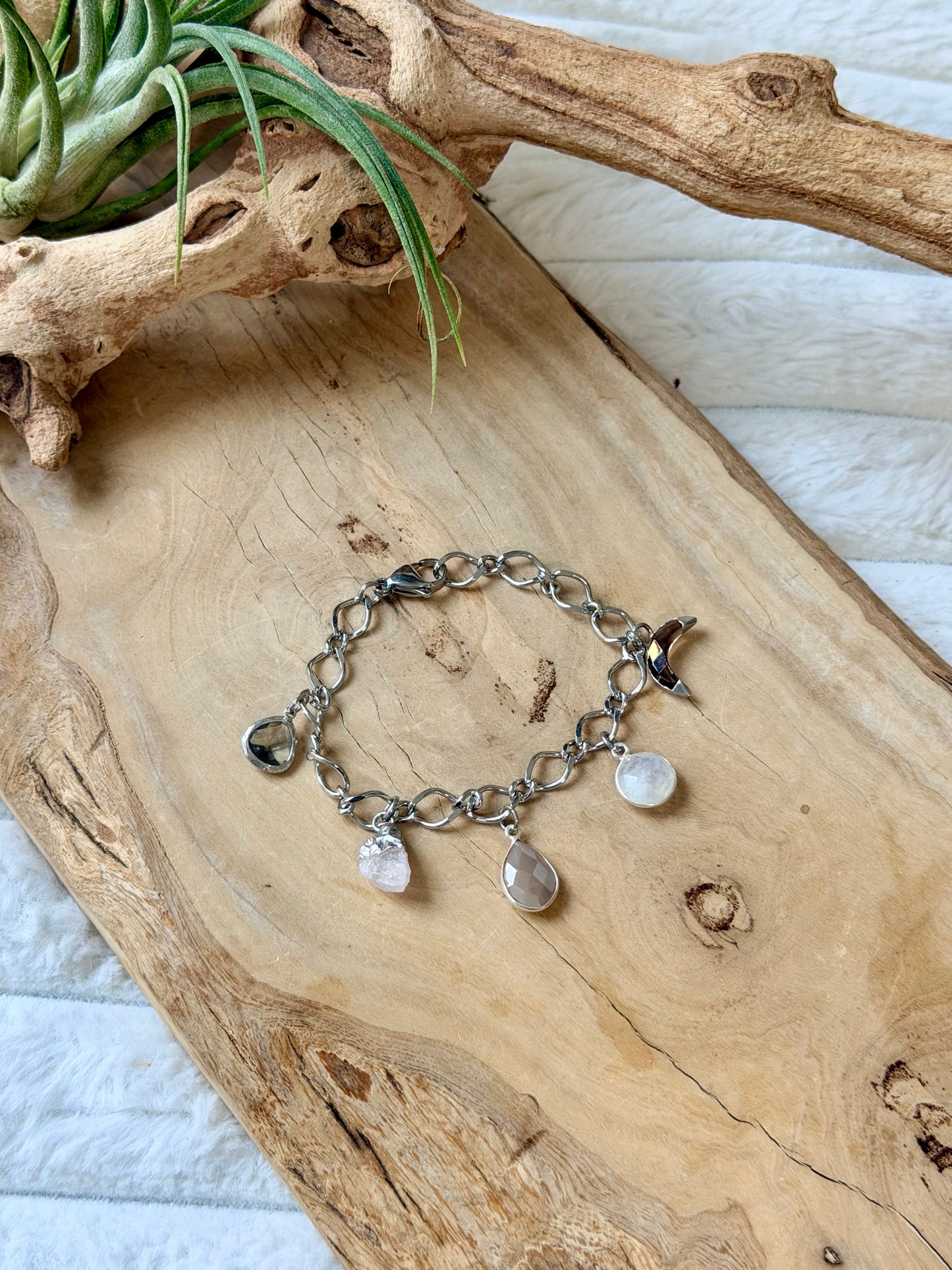 Mixed Gemstone + Silver Stainless Charm Bracelet
