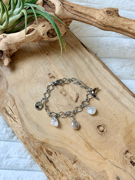 Mixed Gemstone + Silver Stainless Charm Bracelet