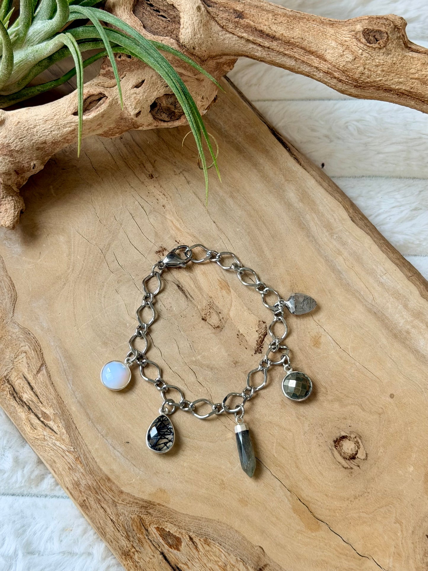 Mixed Monochromatic Gemstones + Silver Stainless Charm Bracelet