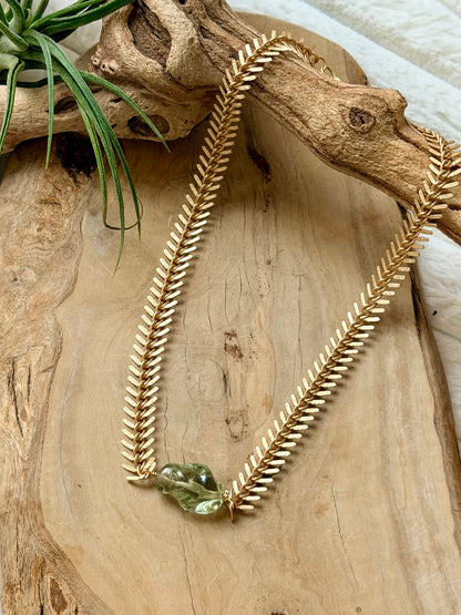 Hand Carved Green Amethyst + Matte Gold Fishbone Necklace