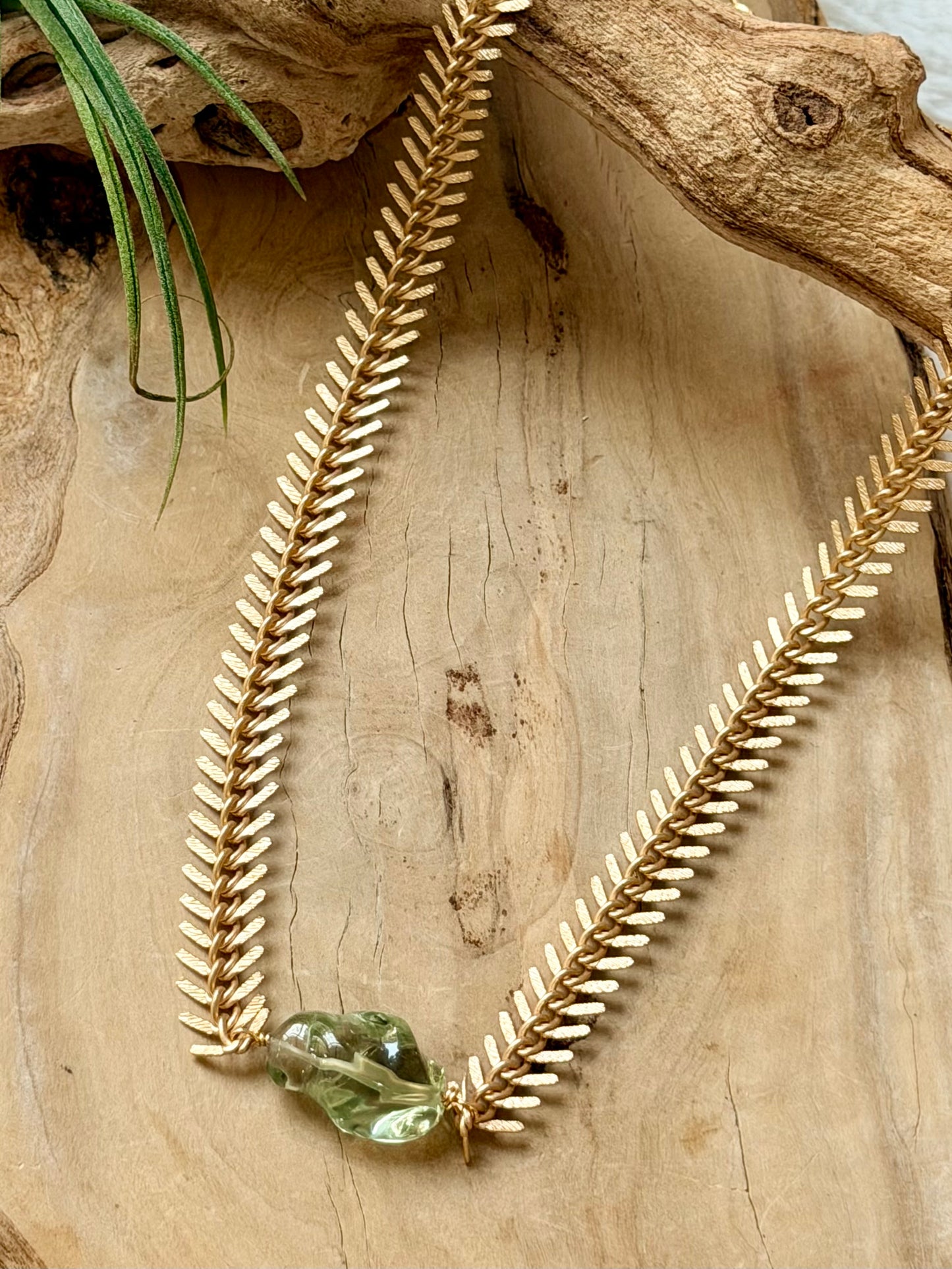 Hand Carved Green Amethyst + Matte Gold Fishbone Necklace