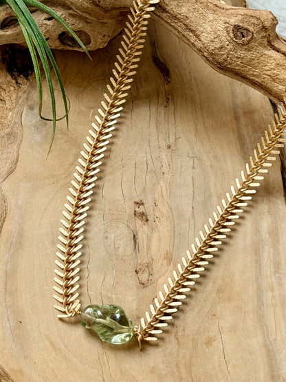 Hand Carved Green Amethyst + Matte Gold Fishbone Necklace