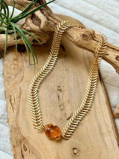 Hand Carved Citrine + Matte Gold Fishbone Necklace