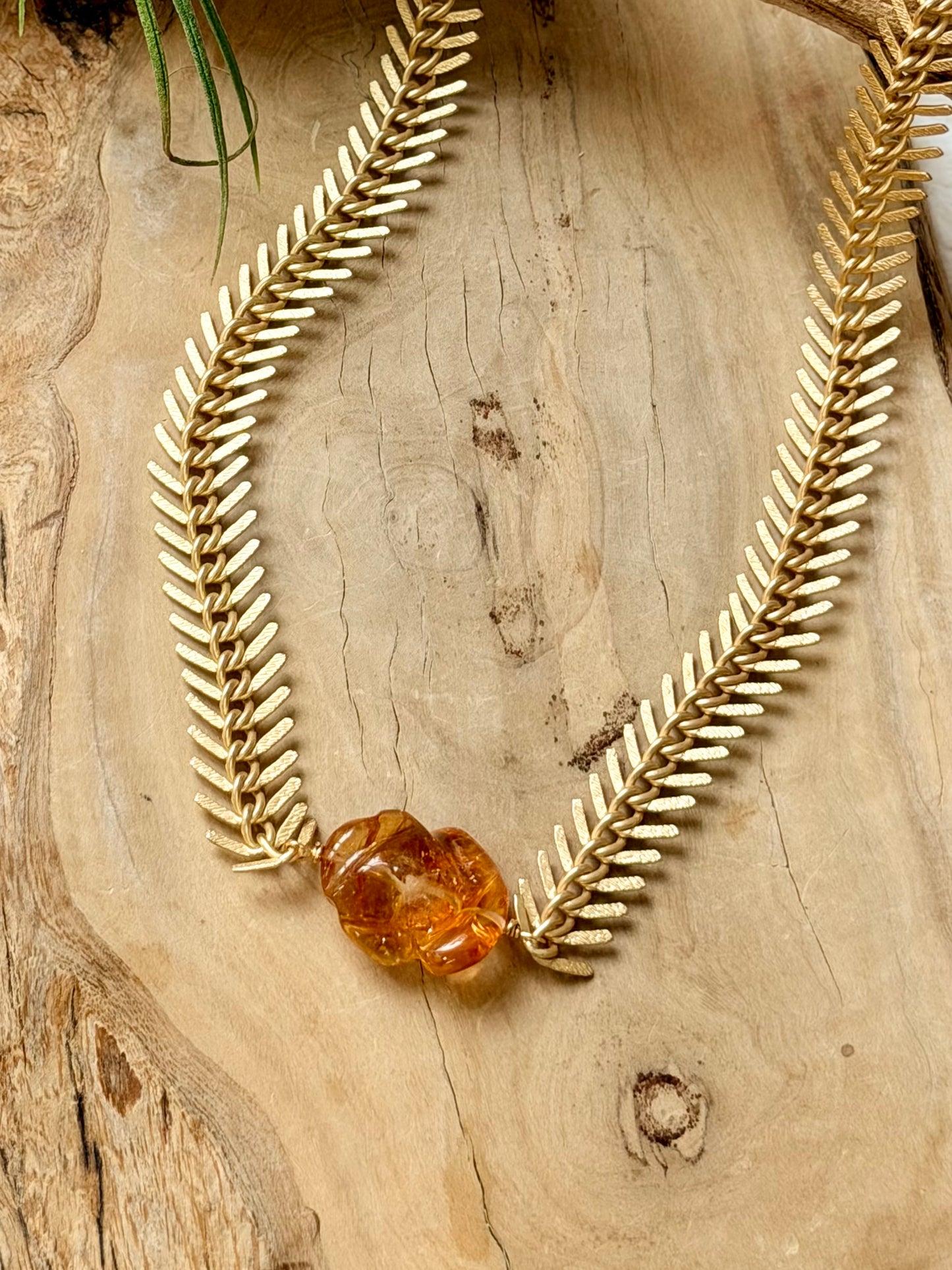 Hand Carved Citrine + Matte Gold Fishbone Necklace