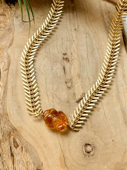 Hand Carved Citrine + Matte Gold Fishbone Necklace