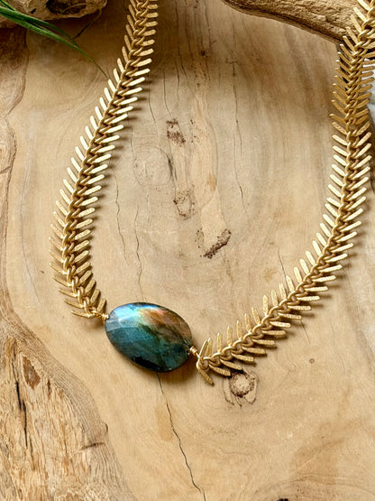 Labradorite + Matte Gold Fishbone Chain Necklace