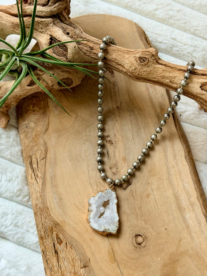 Druzy Agate + Antique Silver Ball Chain Necklace