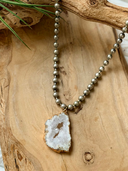 Druzy Agate + Antique Silver Ball Chain Necklace