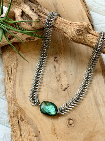 Labradorite + Antique Silver Fishbone Chain Necklace