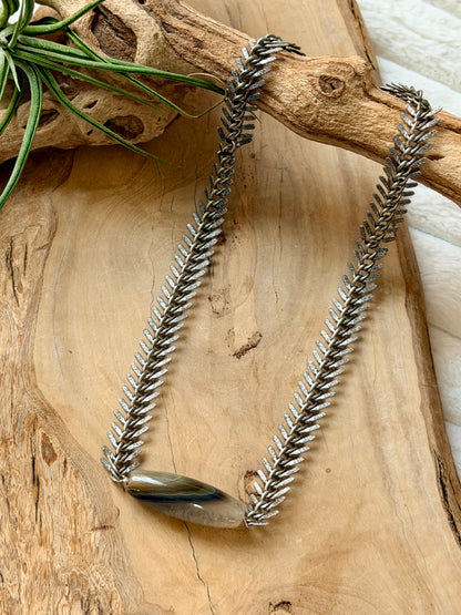 Phantom Agate + Antique Silver Fishbone Necklace