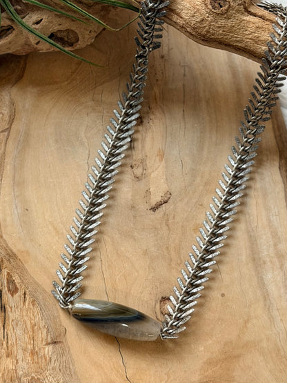 Phantom Agate + Antique Silver Fishbone Necklace