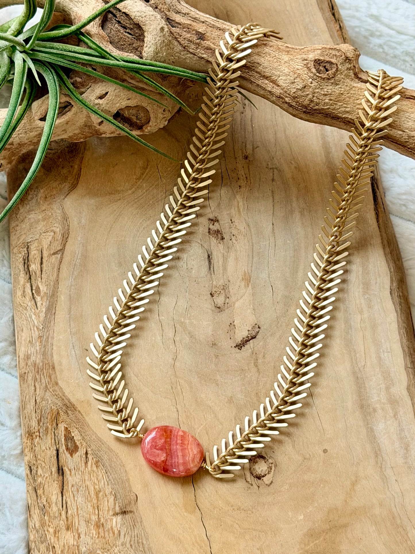 Rhodochrosite + Matte Gold Fishbone Necklace
