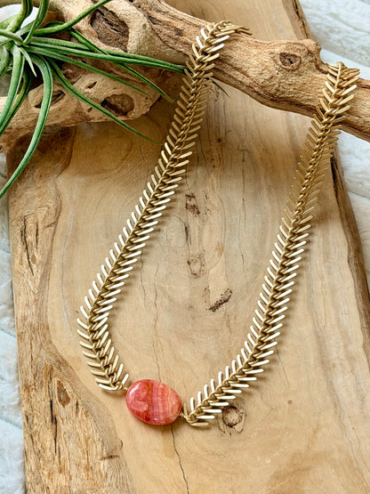 Rhodochrosite + Matte Gold Fishbone Necklace