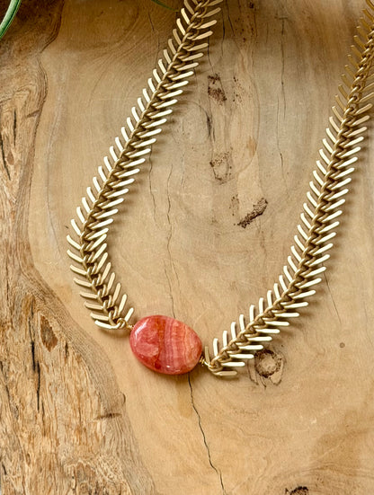 Rhodochrosite + Matte Gold Fishbone Necklace