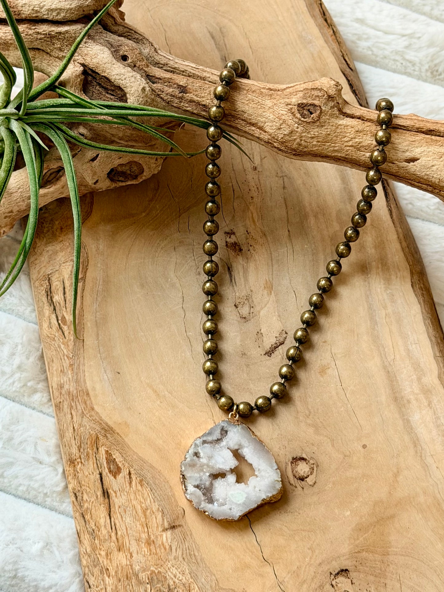 Druzy Agate + Antique Brass Ball Chain Necklace