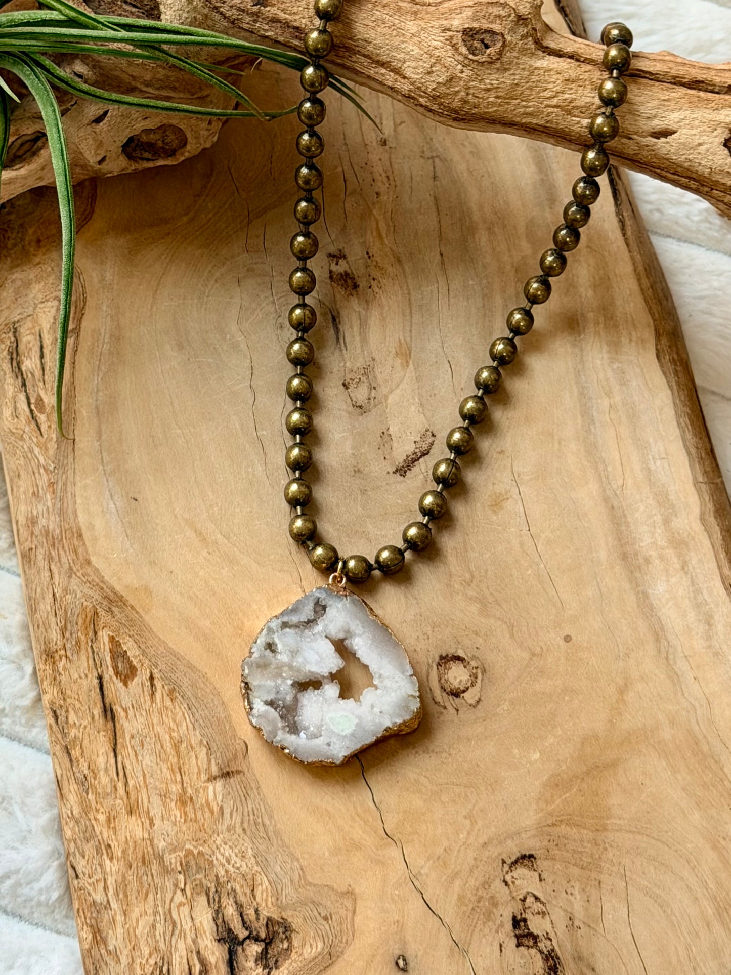 Druzy Agate + Antique Brass Ball Chain Necklace