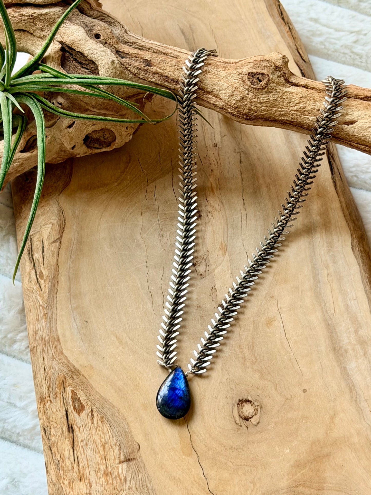 Labradorite + Antique Silver Fishbone Necklace