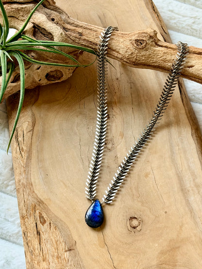 Labradorite + Antique Silver Fishbone Necklace