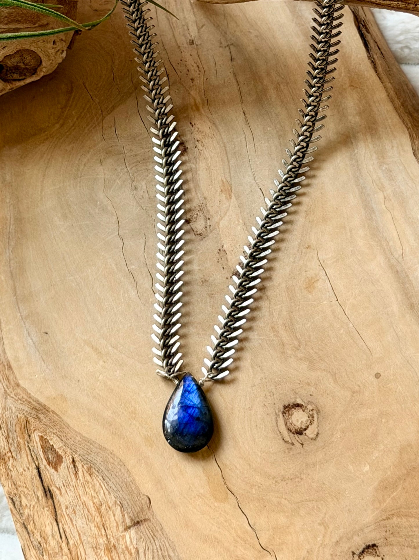 Labradorite + Antique Silver Fishbone Necklace