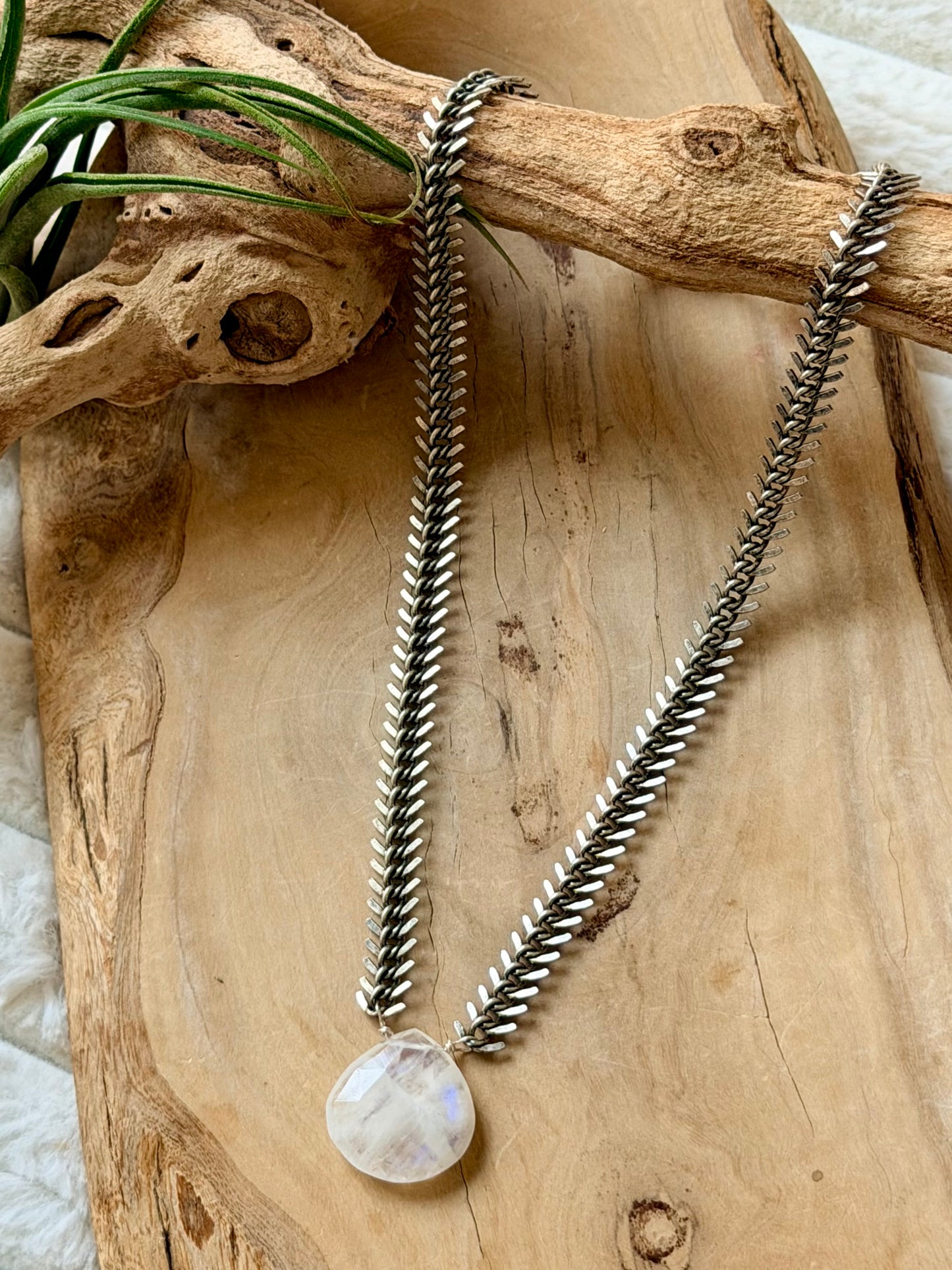 Rainbow Moonstone + Antique Silver Fishbone Necklace