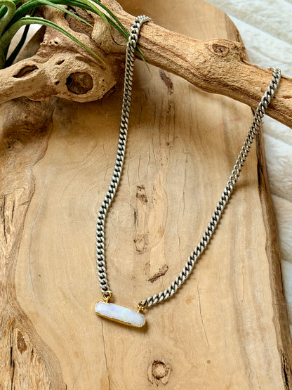 Rainbow Moonstone + Antique Silver Bar Necklace