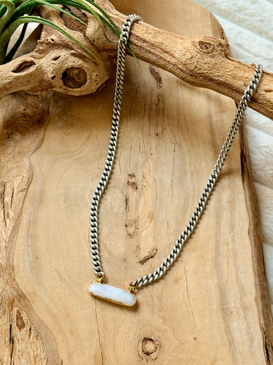 Rainbow Moonstone + Antique Silver Bar Necklace