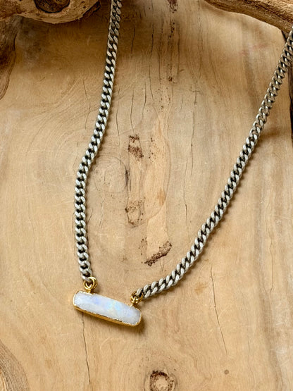 Rainbow Moonstone + Antique Silver Bar Necklace