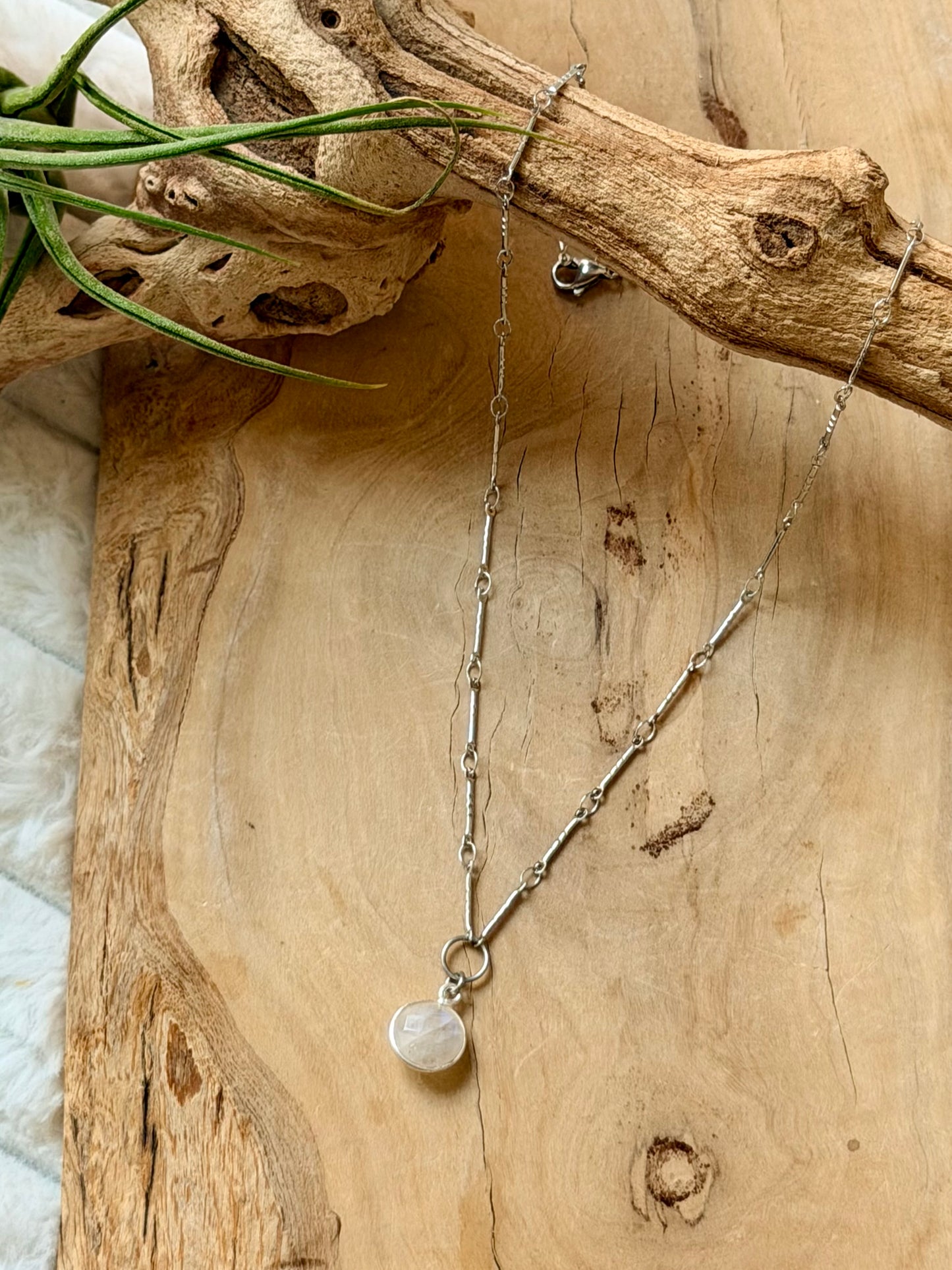 Rainbow Moonstone + Stainless Steel Necklace