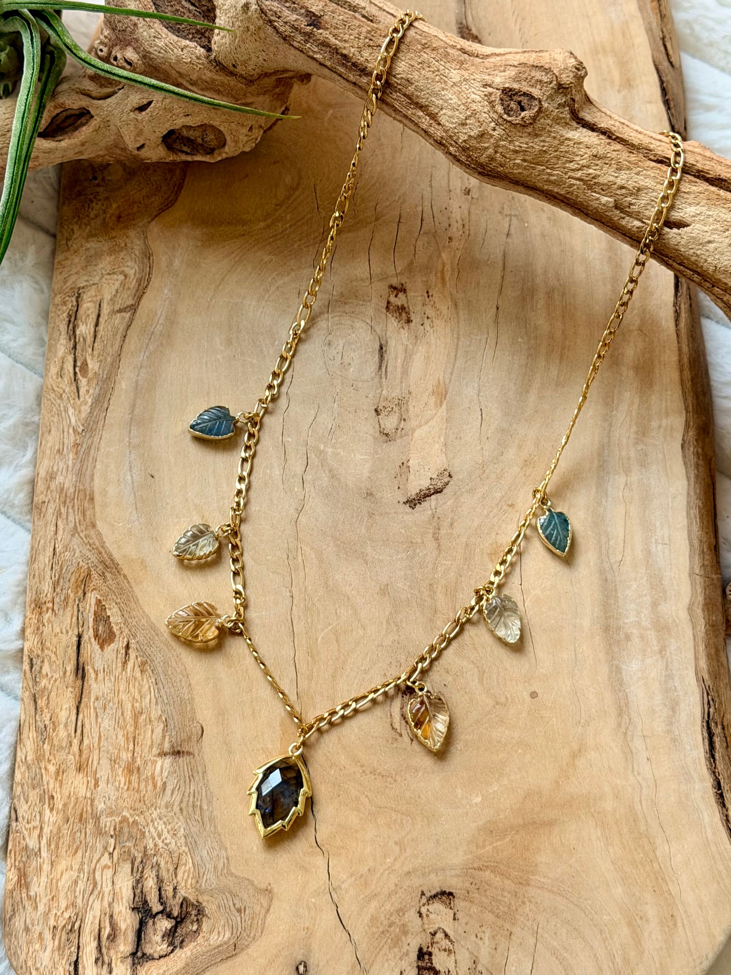Mixed Gemstone Leaves + Gold Stainless Charm Necklace