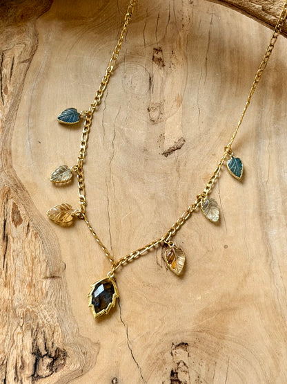 Mixed Gemstone Leaves + Gold Stainless Charm Necklace