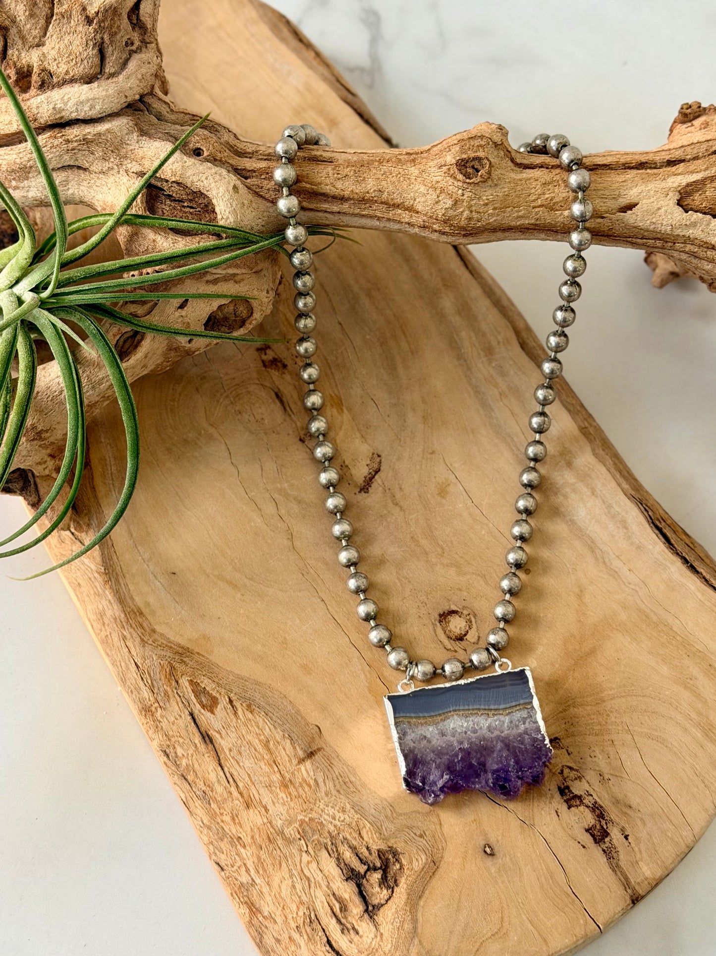 Rough Cut Amethyst + Antique Silver Ball Chain Necklace