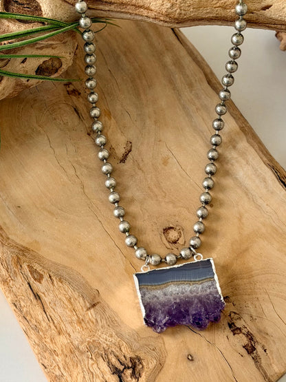 Rough Cut Amethyst + Antique Silver Ball Chain Necklace