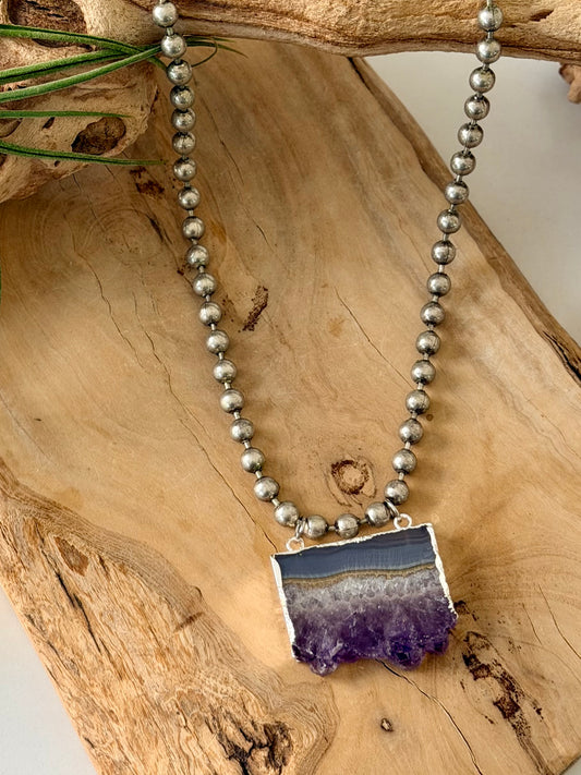 Rough Cut Amethyst + Antique Silver Ball Chain Necklace