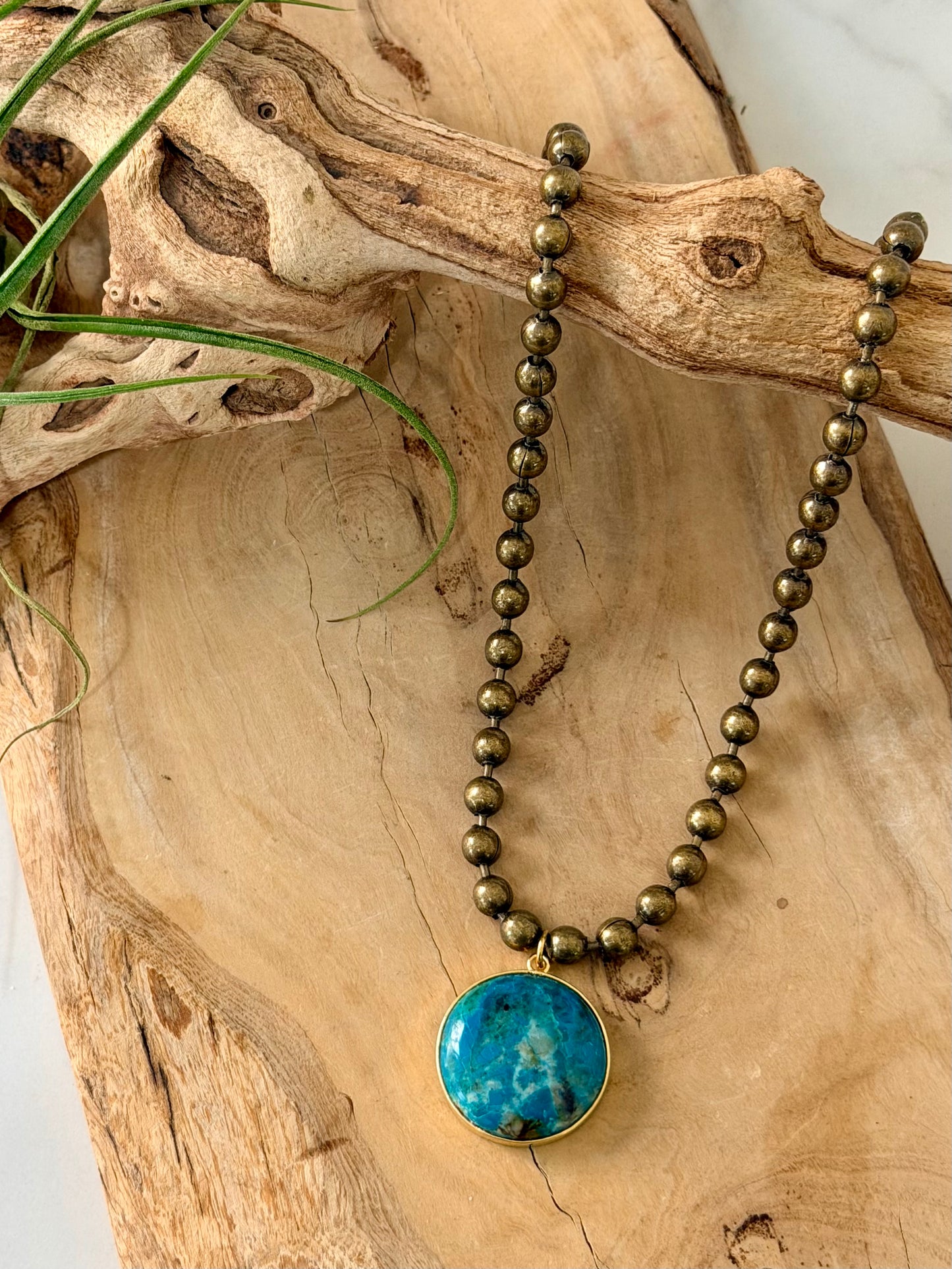 Chrysocolla + Antique Brass Ball Chain Necklace