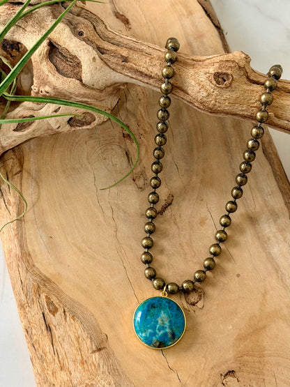 Chrysocolla + Antique Brass Ball Chain Necklace
