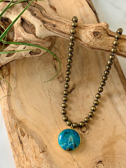 Chrysocolla + Antique Brass Ball Chain Necklace