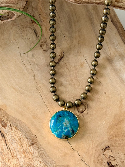 Chrysocolla + Antique Brass Ball Chain Necklace