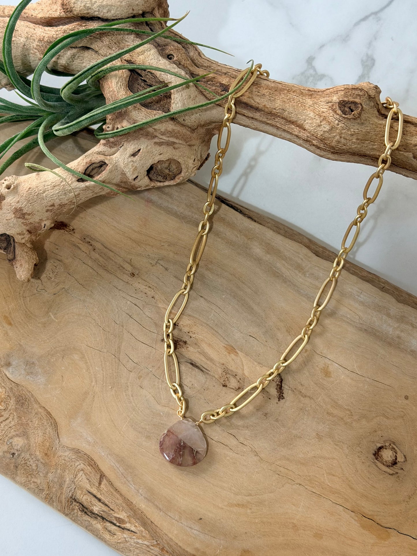 Red Hematite Quartz Pendant + Matte Gold Necklace