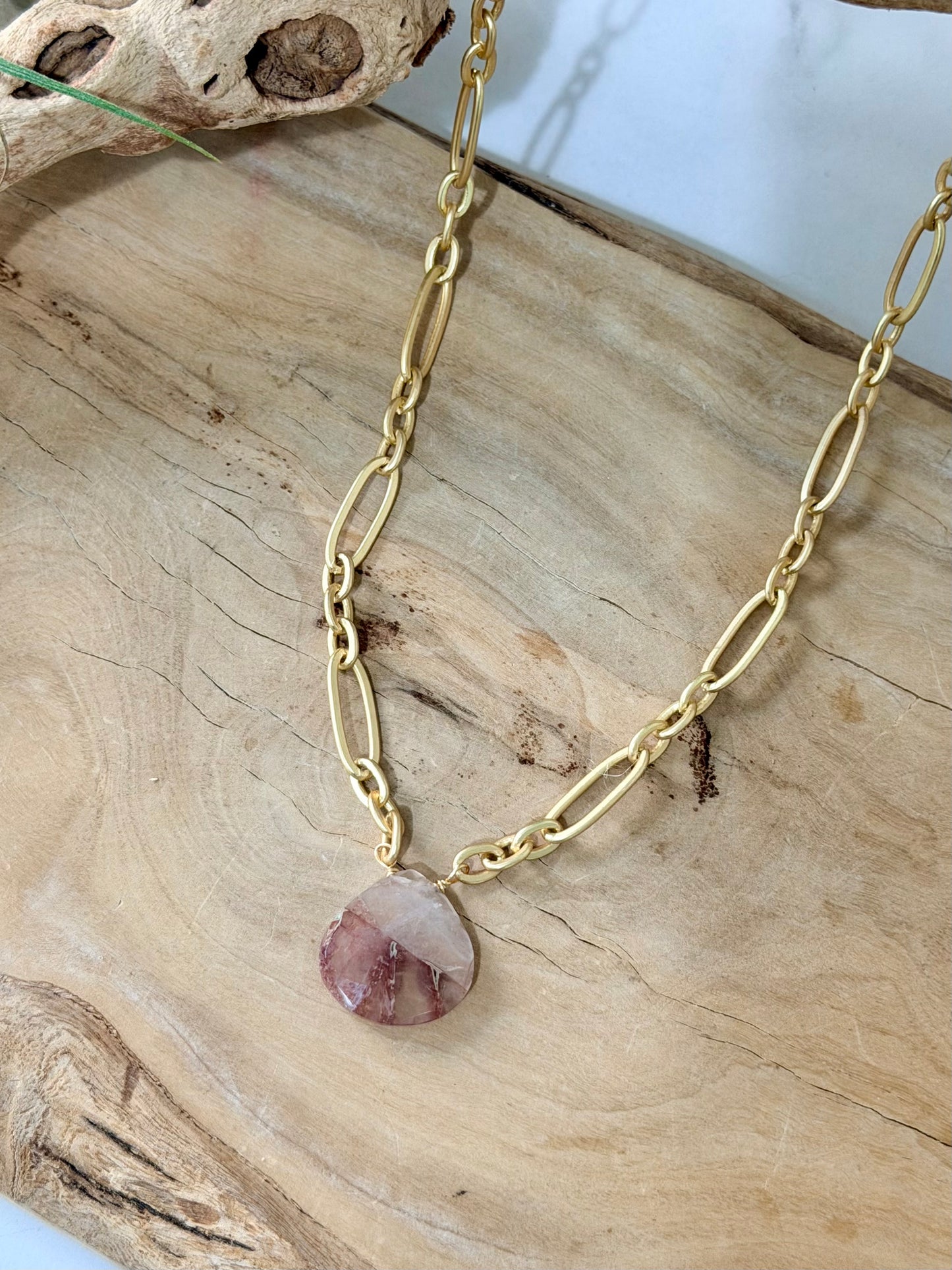 Red Hematite Quartz Pendant + Matte Gold Necklace