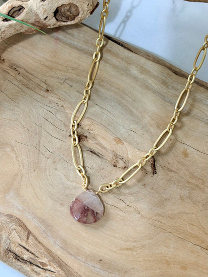 Red Hematite Quartz Pendant + Matte Gold Necklace