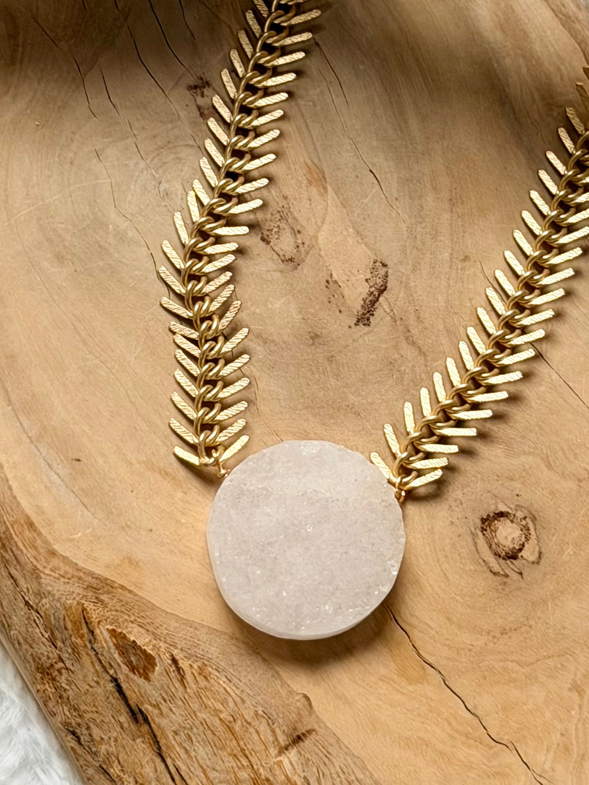 White Druzy Agate + Matte Gold Fishbone Necklace