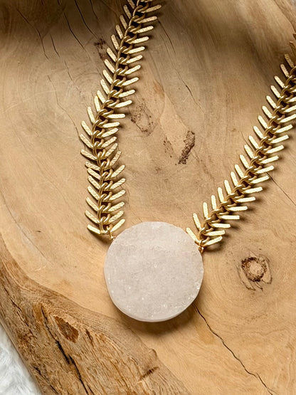 White Druzy Agate + Matte Gold Fishbone Necklace