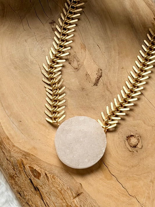 White Druzy Agate + Matte Gold Fishbone Necklace