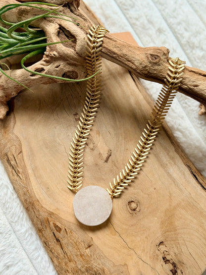 White Druzy Agate + Matte Gold Fishbone Necklace